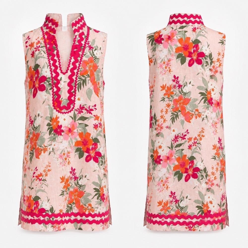 Sail To Sable Linen Dress Sz L Tropical Beach Resort Floral Soutache Trim